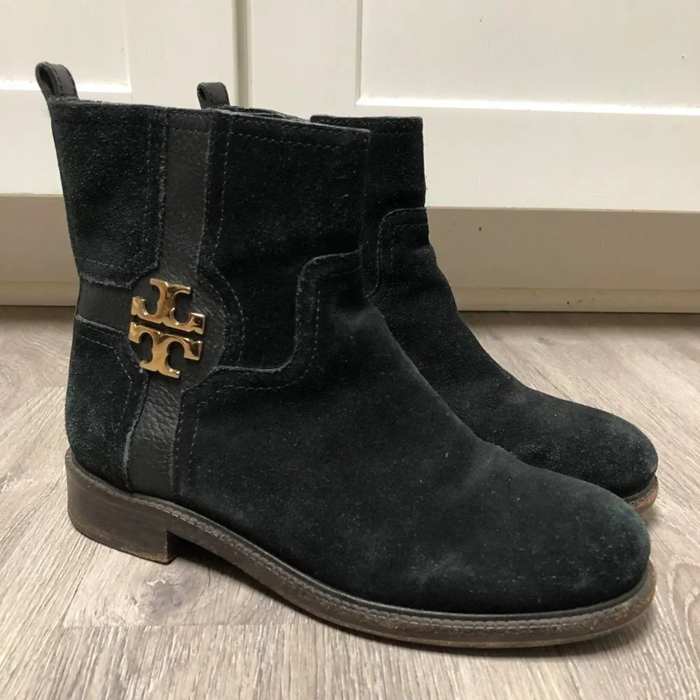 Tory Burch Women's Size 7 Alaina Ankle Boots Black Suede Leather Gold Logo Shoes